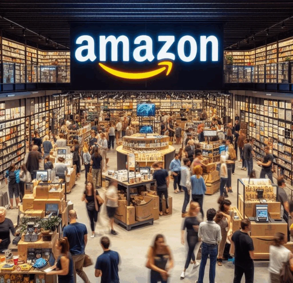 Amazon Warehouse store with shoppers and products