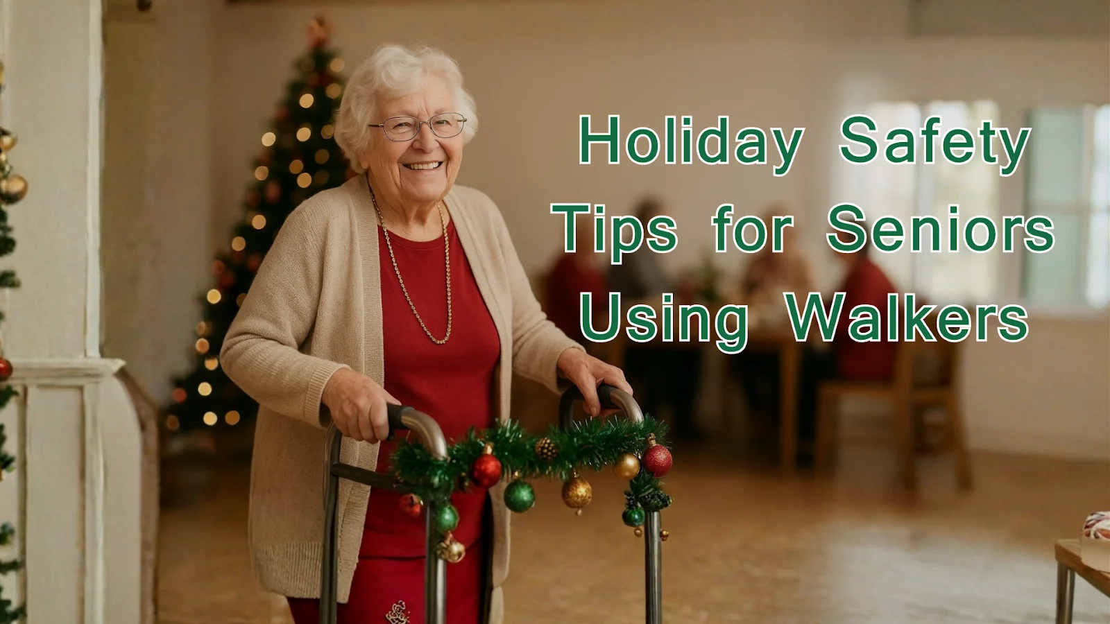 Senior woman holding holiday walker decorations